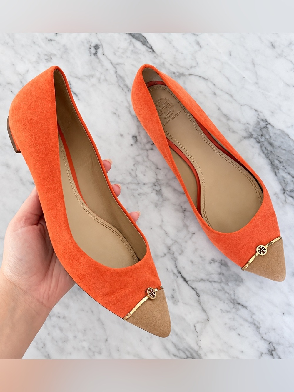 Tory Burch Lanchester Coral and Tan Suede Pointed Toe Flats Size 8.5